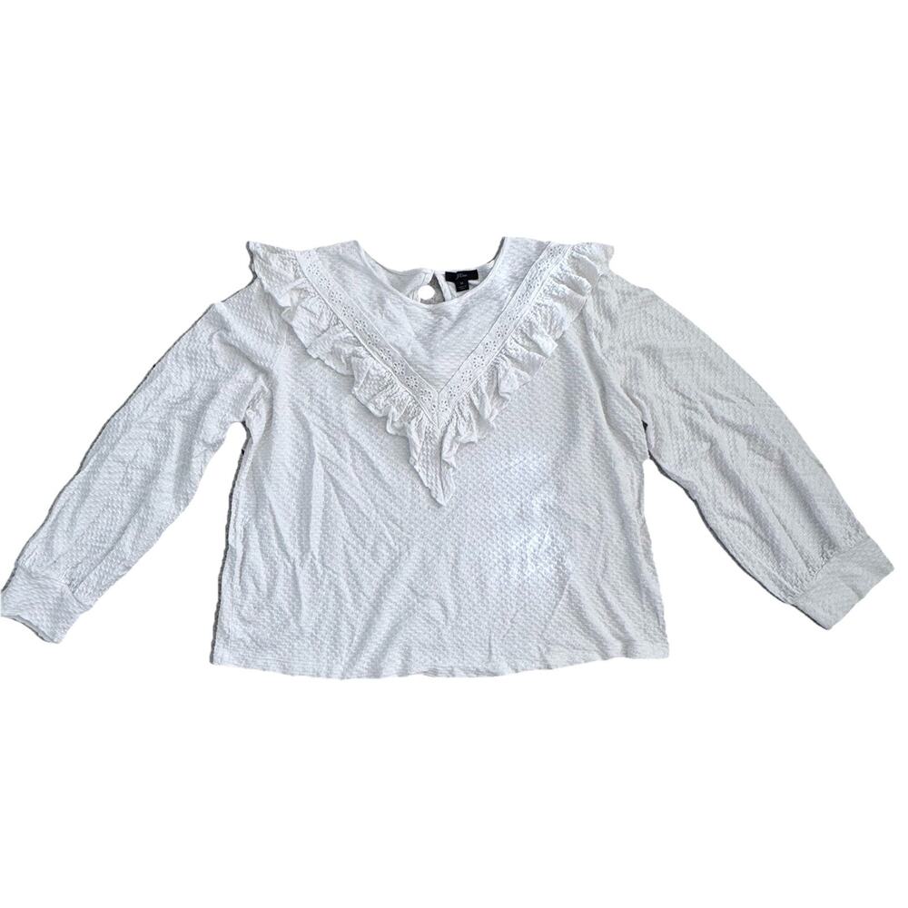 J.Crew Womens White Ruffle Trim Honeycomb Knit Blouse Top Sz M Preppy Keyhole